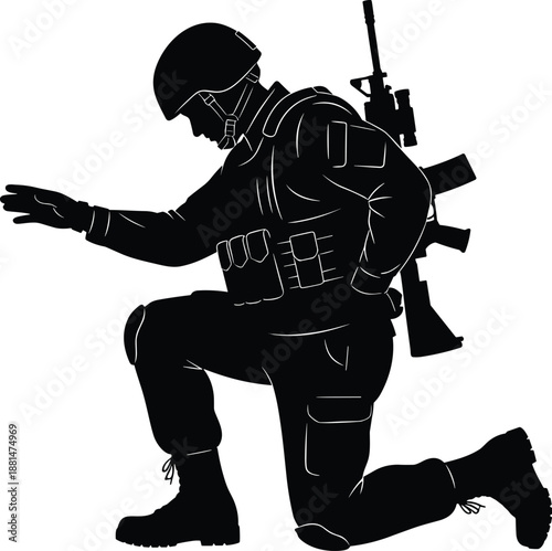 Armed soldier silhouette kneeling with rifle and tactical gear isolated on white background representing military operation combat readiness defense security and modern warfare concept