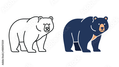 Minimalist cartoon style black bear icon presented side by side with a simple outline drawing for versatile graphic design projects
