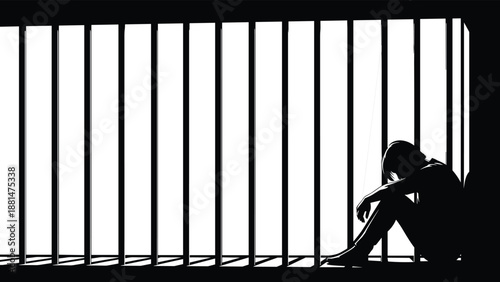 Lonely prisoner silhouette sitting behind jail bars with dramatic light and shadow isolated on dark background representing captivity justice depression and human rights concept