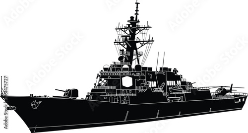 Modern military warship destroyer silhouette with radar tower weapons and helicopter deck isolated on white background representing naval defense maritime security and combat technology