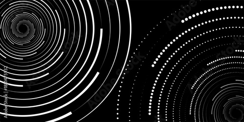 Set of speed lines in circle form. Radial speed Lines in Circle Form for comic books. Technology round Logo. Black thick halftone dotted speed lines.