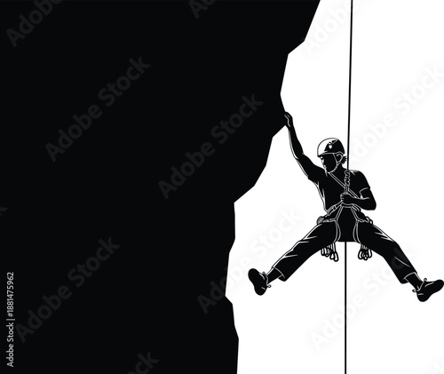Rock climber silhouette rappelling down cliff with rope and helmet isolated on white background symbolizing adventure challenge safety strength and extreme outdoor sport