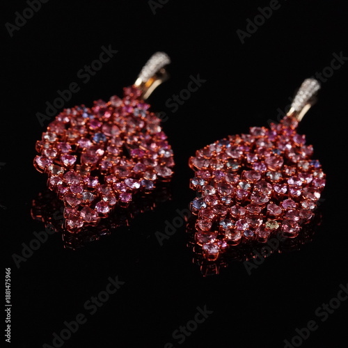 Tableau sur toile Elegant leaf-shaped dangle earrings featuring soft pink gemstones in a graceful, nature-inspired design