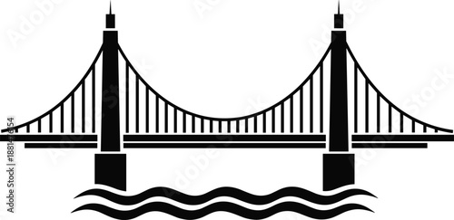 Suspension bridge silhouette icon over river isolated on white background representing transportation infrastructure engineering connection urban landmark and modern city architecture concept