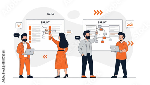 Agile development team planning sprint tasks on whiteboard, collaboration concept
