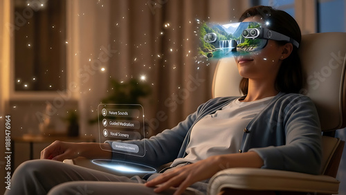 Woman wearing virtual reality headset experiencing immersive nature scenery relaxation meditation and guided audio content in living room environment with sparkling lights