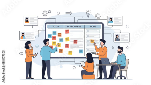 Agile team working on Kanban board, project management and teamwork illustration