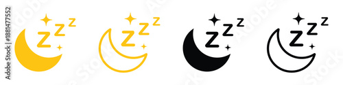 Moon and sleep icon set featuring rest and ZZZ symbols. Nighttime and bedtime signs with dream concept elements. Minimal vector illustration in black and yellow colors.