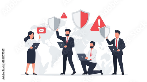 Business Cyber Security Team Protecting Data with Shields and Laptops