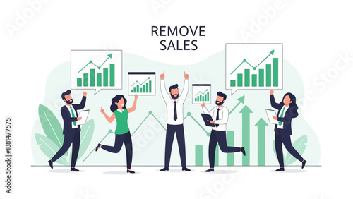 Business growth and success with happy employees celebrating rising sales chart