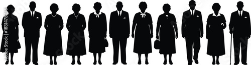 Collection of professional people silhouettes including men and women in business suits standing in a row isolated on black background