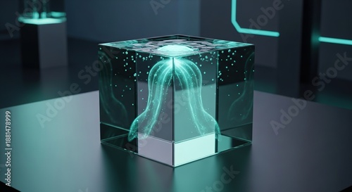 Glowing jellyfish inside transparent cube in futuristic dark room