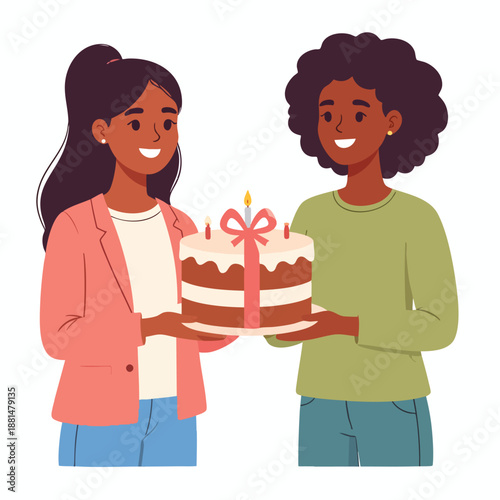 Two women celebrating a birthday together, holding a cake with candles, smiling at each other in a joyful atmosphere.