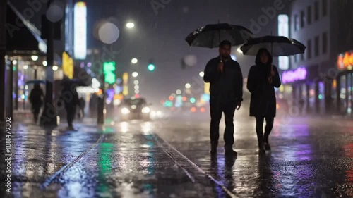 Rainy Night Cityscape: Two People with Umbrellas Walking on Wet Pavement with Streetlights and Illuminated Storefronts