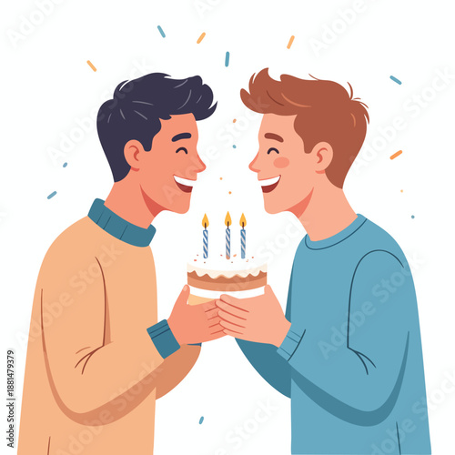 Two men sharing a joyful birthday moment together holding a cake with candles