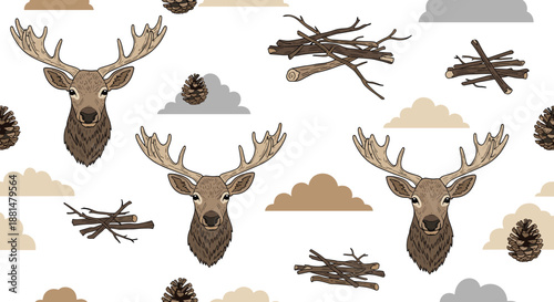 Rustic seamless pattern featuring detailed deer heads with large antlers, pinecones, clouds, and bundles of wood sticks.