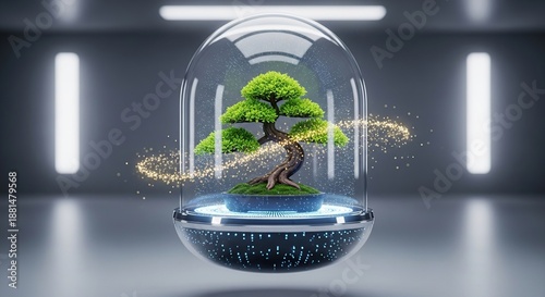Bonsai tree in glass dome with glowing particles and modern background
