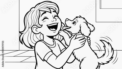 Children's coloring book - The girl was given a puppy for her birthday, she is very happy