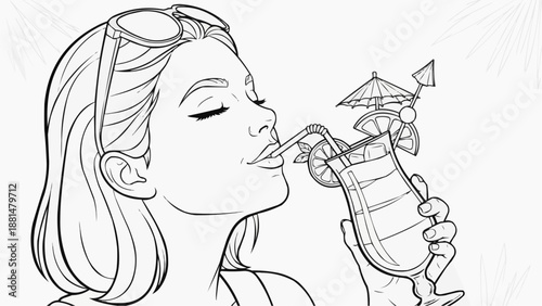 Children's coloring book - Woman enjoying tropical drink with umbrella on summer background  
