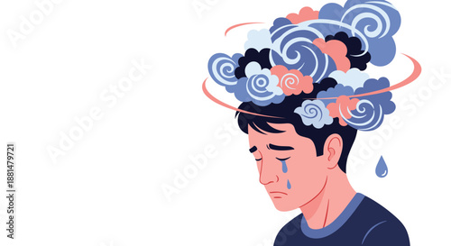 Conceptual illustration of a sad man with a head full of swirling dark clouds representing depression, anxiety, or mental health struggles.