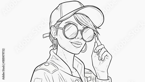 Children's coloring book - Stylish young woman wearing sunglasses and cap in line art style  