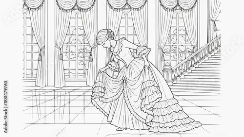 Children's coloring book - An elegant woman in a vintage dress makes a curtsy in the ballroom