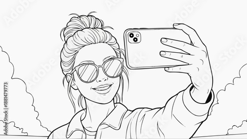 Children's coloring book - A young woman in sunglasses takes a selfie on her smartphone and smiles on the street