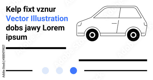 Compact car graphic, text placeholders, lines, and dots form a clean design. Ideal for automobile, web design, minimalism, technology, transportation education simple landing page