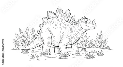 Detailed black and white line art of a prehistoric dinosaur standing in a field with plants for a children coloring book page.