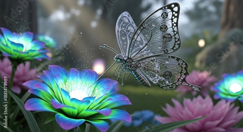 Delicate butterfly on vibrant flowers in magical garden setting