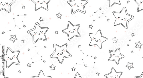 Cute seamless pattern of smiling stars with closed eyes and pink cheeks scattered on a white background for nursery room decor.
