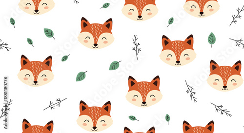 Cute seamless pattern design featuring smiling orange fox faces with green leaves and twigs on a clean white background.