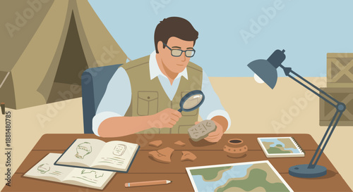 考古學家研究古代文物
Flat vector illustration of an archaeologist studying ancient artifacts on a table. Notes, sketches, and magnifying glass visible. Flat vector style, research and discovery theme.