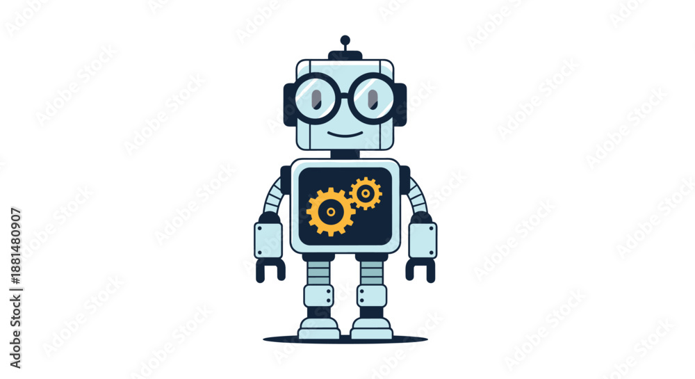 Fototapeta premium Friendly little robot with large round glasses and golden gears visible on its chest standing in a simple flat vector design.