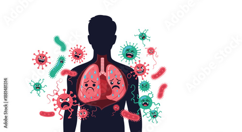 Medical illustration of a human silhouette with lungs being attacked by multiple colorful viruses and bacteria pathogens.