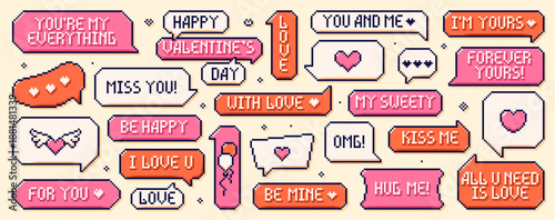 Pixel art Happy Valentine Day speech bubbles.