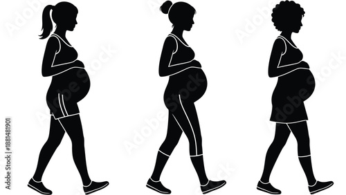 Three pregnant women walking in different poses and attire styles
