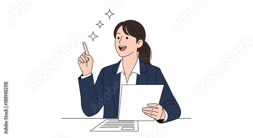 Cheerful businesswoman in a suit holding documents and pointing upwards with a bright idea represented by shining stars.