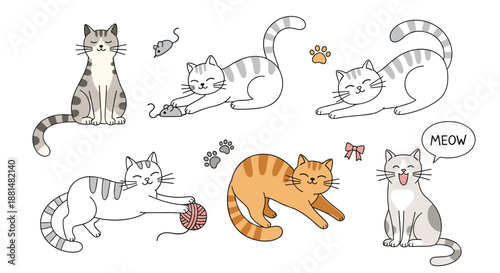 Set of cute domestic cat illustrations in various playful poses including sleeping, playing with yarn, and sitting with paw prints.