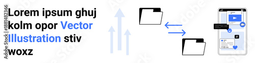 Digital communication, cloud storage, file sharing, device synchronization, data transfer, mobile applications. Folders and smartphone exchanging files. Digital communication and cloud storage