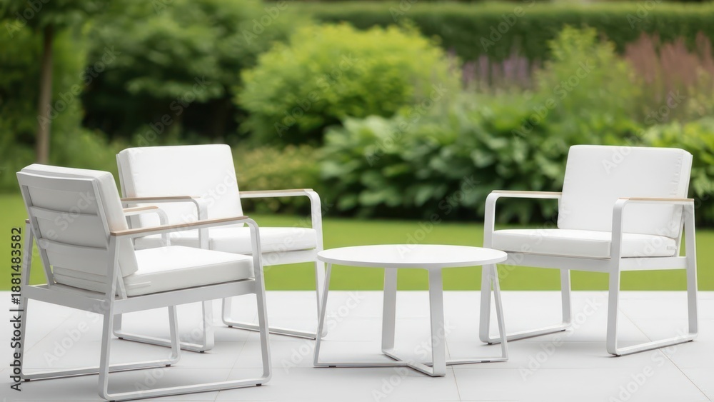 Fototapeta premium Outdoor patio furniture white chairs and table in garden setting