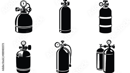 A collection of black and white scuba diving oxygen tanks illustrations