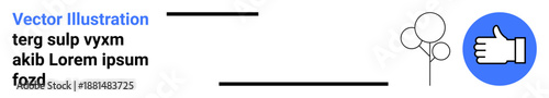 Social media, approval, celebration, user interface, feedback, communication. Blue thumbs-up icon, balloons and placeholder text in a clean layout. Social media and approval concepts