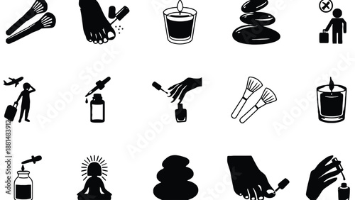 A collection of black and white icons representing spa and wellness concepts