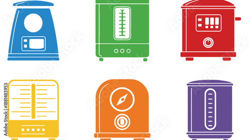 A colorful illustration of various kitchen appliances on a white background
