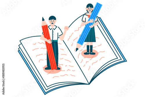 制服を着た男女の学生がノートの上で鉛筆を持っている勉強のイメージイラスト