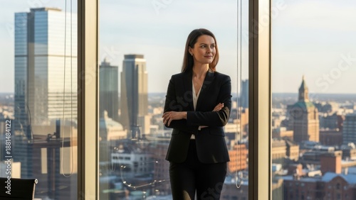 Professional woman with arms crossed looking out over cityscape through large window sunlight and copy space