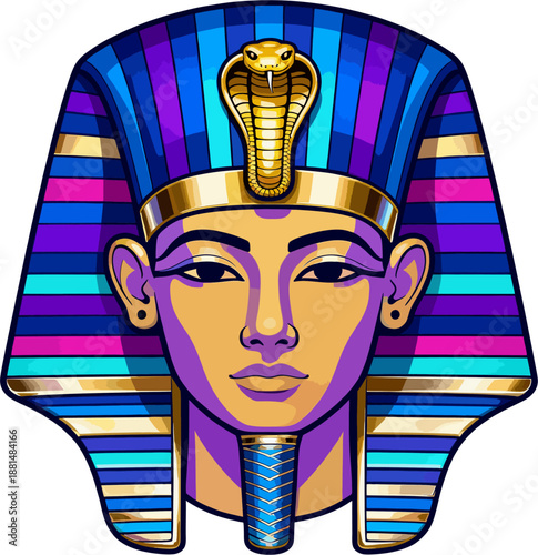 Vibrant Blue Purple Striped Pharaoh Nemes Headdress Cobra Uraeus Vector Portrait