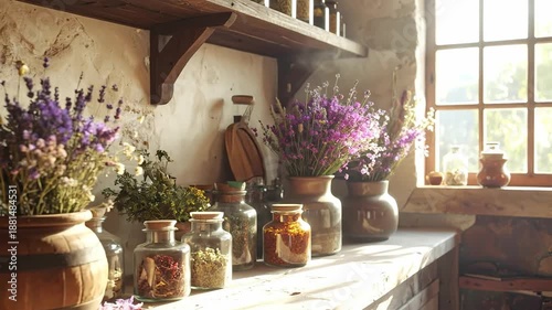 Rustic kitchen scene featuring vintage glass jars filled with colorful dried flowers and herbs.