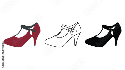 Three high-heeled shoes in different colors on a white background